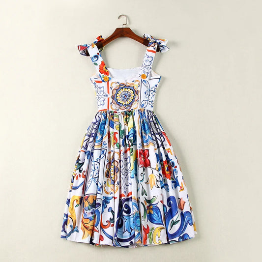 Runway Summer Flower Short Dress Women Blue White Porcelain Print Floral Sundress Spaghetti Straps Bohemian Mini Beach Dresses