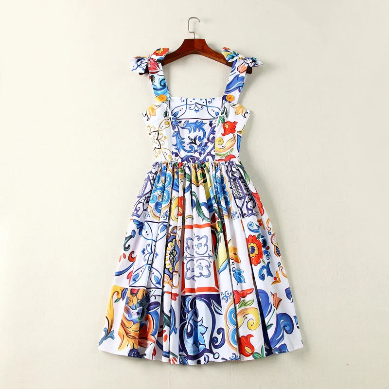 Runway Summer Flower Short Dress Women Blue White Porcelain Print Floral Sundress Spaghetti Straps Bohemian Mini Beach Dresses