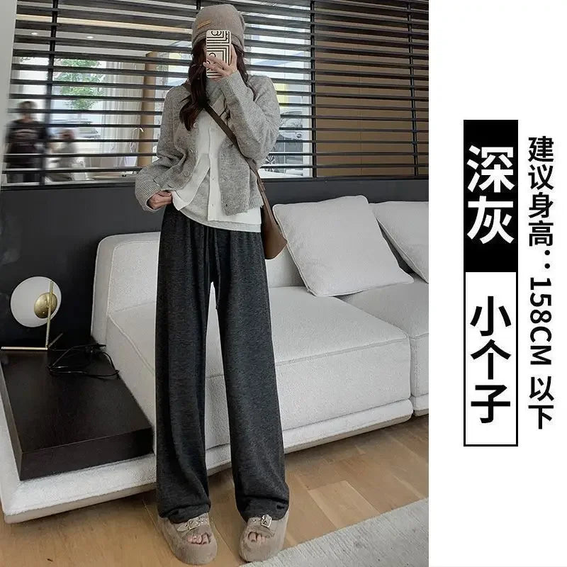 Knitted Pants Women Solid High-waisted Casual Trousers Wide Leg Loose All-match Daily Tender Simple Autumn Spring Lace-up Chic