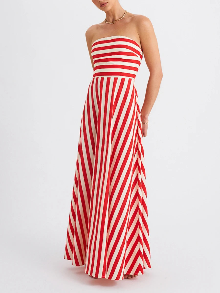 Women Striped Strapless Maxi Dress Print Off Shoulder Backless Tube Dress Ruffle Flowy Smocked A line Dress Beach Boho Style