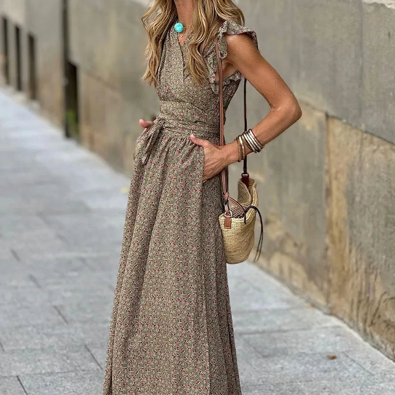 Elegant V-neck Lace-up Waist Long Dress Women Casual Ruffled Sleeveless Pleated Party Dress 2024 Fashion Pocket Bohemian Dresses