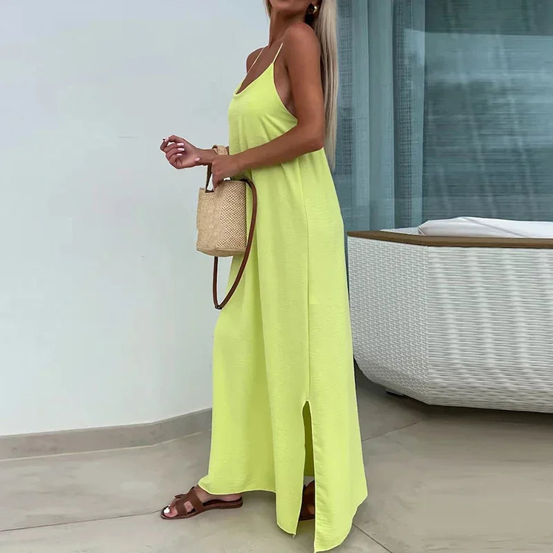 Summer Casual U-Neck Solid Long Dress Women Elegant Strap Split Vocation Dress 2024 Female Cross Backless Bohemian Beach Dress