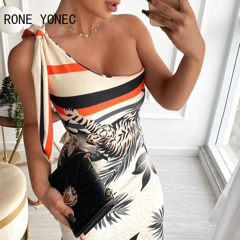 Women Elegant Dress All Over Print One Shoulder Side Slit Maxi Dress Summer Dress