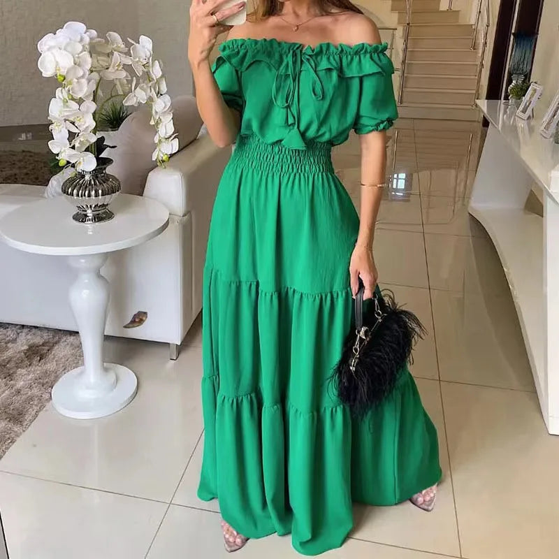 Summer Women Green Dress Fashion Elegant Short Sleeve Ruffles Maxi Casual Dresses Female Office Loose Dress New 2024 Vestidos