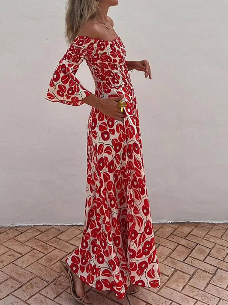 Fashion Printing Slash Neck Loungewear Dress, Women Spring Summer Flare Sleeve Backless Maxi Dress, Elegant Loose Ladies Dress