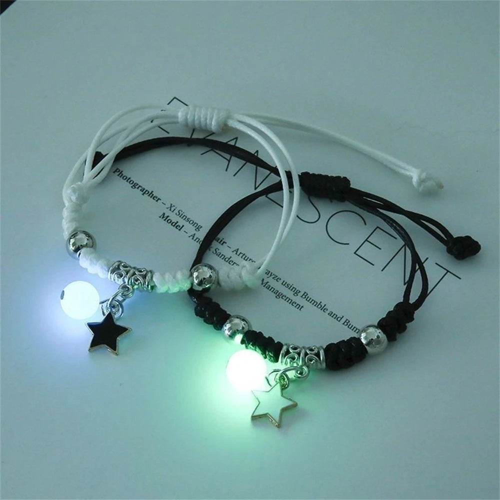 2pcs Luminous Cat Star Moon Cross Charms Bracelet Set Couple Adjustable Woven Rope Friendship Bracelet For Women Men Summer Gift