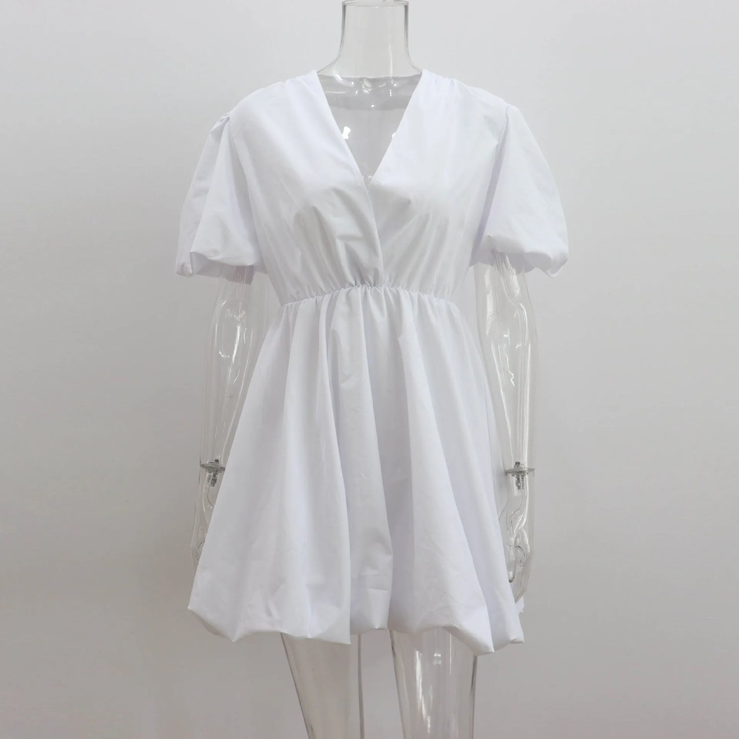 Summer Loose White Cotton Women's Dress Casual V-Neck Short Sleeve Mini Dresses Elegant  High Waist Female Dress