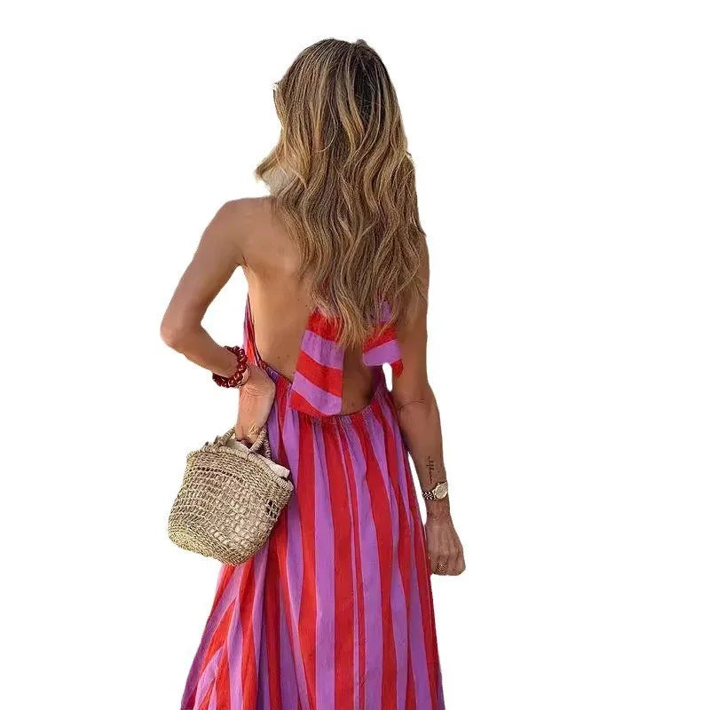 Stripe Print Halter Neck Long Dresses Women Fashion Backless Leace-up Casual Loose Vacation Style Dress Lady Commuting Vestidos