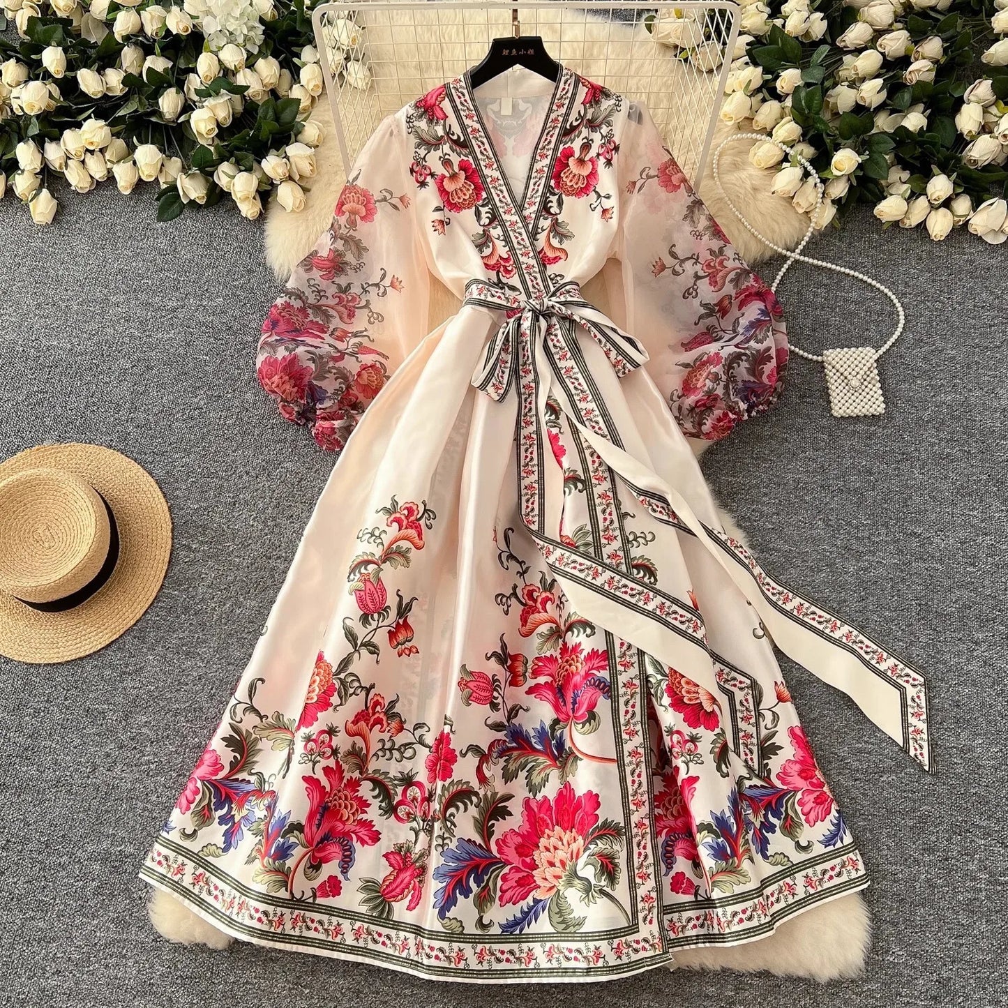 JAMERARY Floral Long Dresses Women Summer Bohemian Short Puff Sleeve Cross V Neck Flower Print Bandage Lace Up Robe Long Vestido