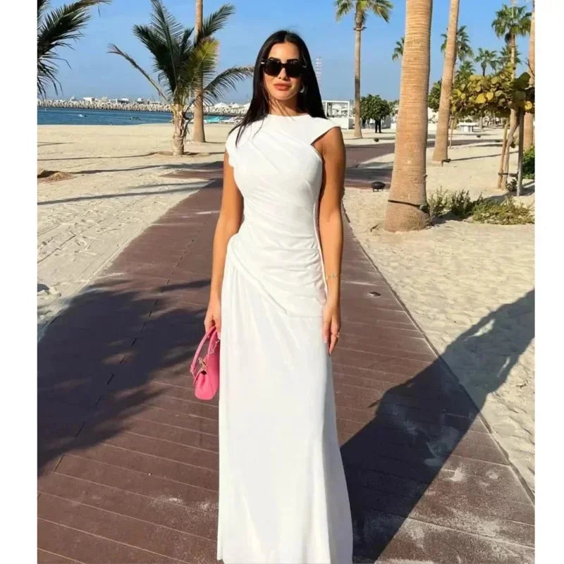 Irregular Pleat Slim Maxi Dress Women White Solid Elegant O Neck Short Sleeve Long Robe Fashion Summer New Lady Vacation Dresses