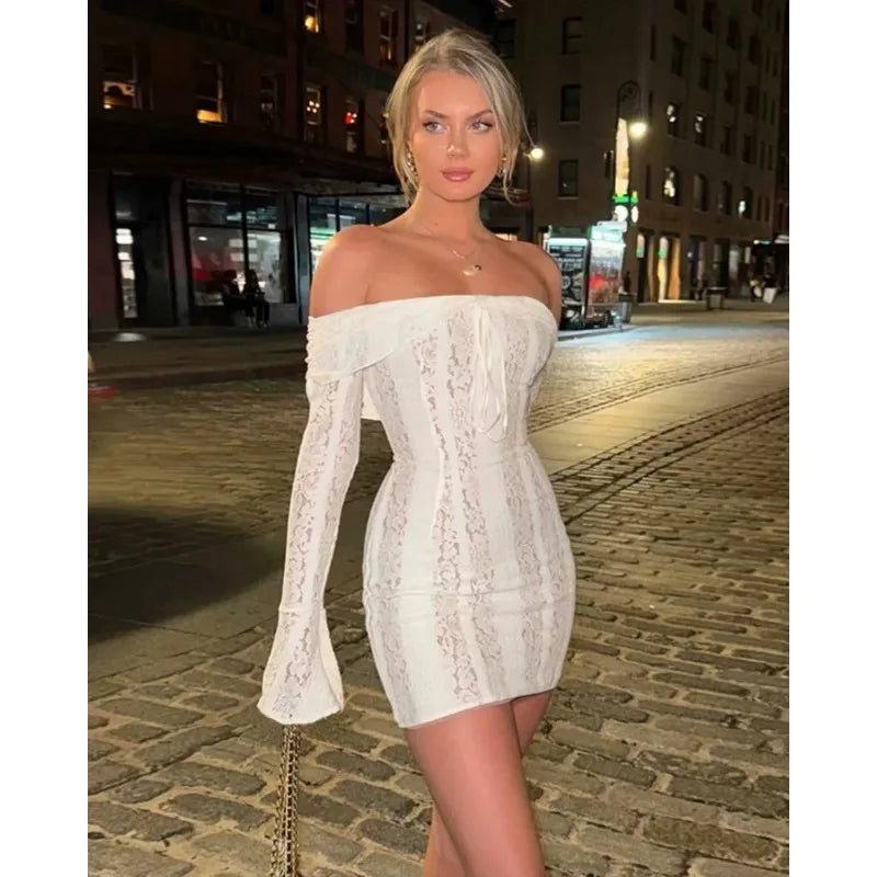 White Off Shoulder See-through Lace Up Maxi Dress Women Flared Long Sleeves Chest Wrapped Dresses Summer Elegant Seaside Gowns