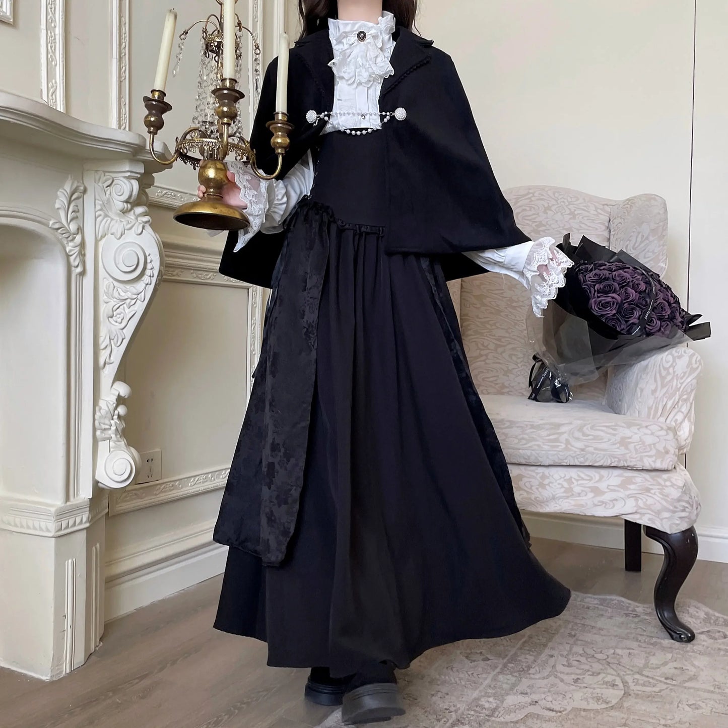 Gothic Lolita Sweet Lace-Up A-line Skirt Women's Autumn Winter Black High Waist Long Skirts and White Long Sleeve Shirt