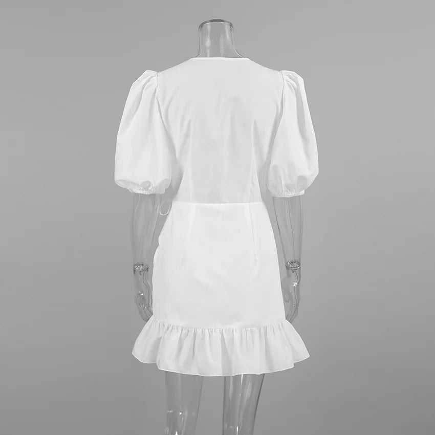 Jastie Puff Sleeves Ruffled V-Neck Mini Dresses Women Summer 2024  White Drawstring Elegant Dress High Waist Office Ladies Dress