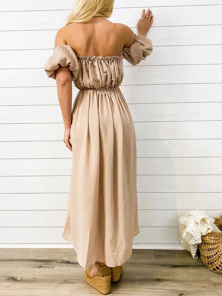 Casual Boho Short Sleeve Off Shoulder Renaissance Dress Lightweight Flattering Tie Front High Split Pleated Flowy Maxi Dress