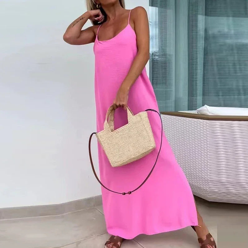 Summer Casual U-Neck Solid Long Dress Women Elegant Strap Split Vocation Dress 2024 Female Cross Backless Bohemian Beach Dress