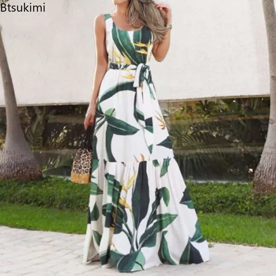 2024 Women's Summer Sleeveless Print Long Dresses Bohemian Slim Lace Up Big Hem Pleated Dress Vintage Vacation Maxi Dress Femme