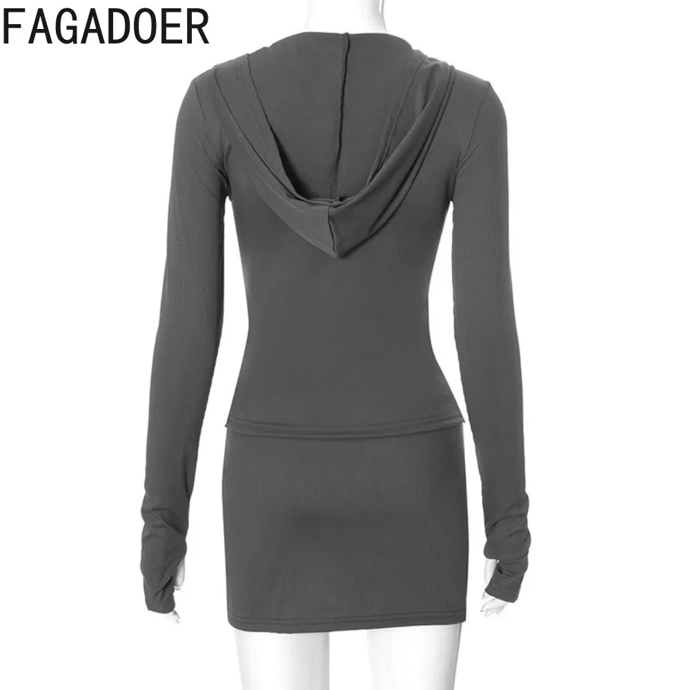 FAGADOER Fashion Ribber Hooded Two Piece Sets For Women Zipper Long Sleeve Slim Top And Mini Skirts Outfits Female Streetwear