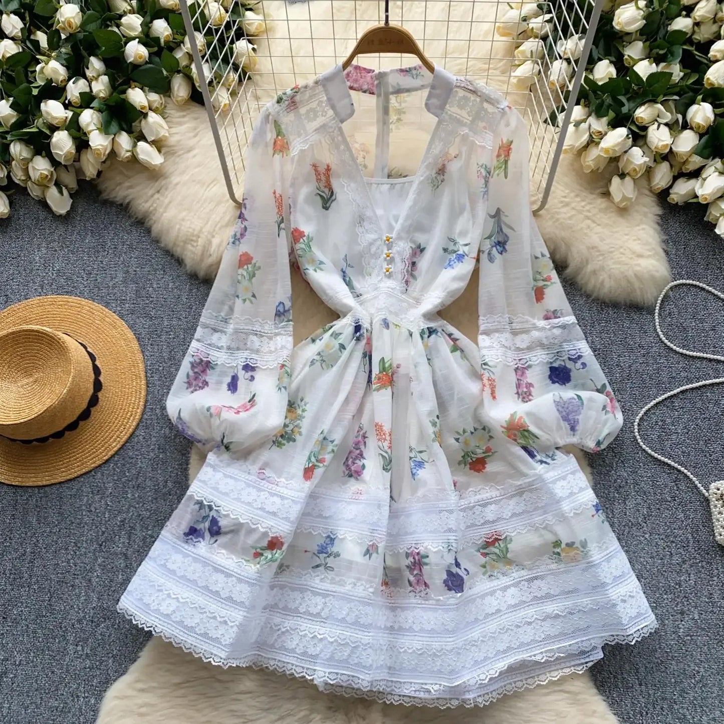 French Retro Women Black White Print Lace Patchwork Elegant Slim Long Sleeve Short Dress And Slip Dresses New Spring Autumn Boho