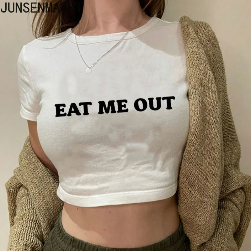 Eat Me Out Print Pattern Summer Short Sleeve O Neck Solid Color Cropped Navel Women Crop Tops Fashion T-Shirt