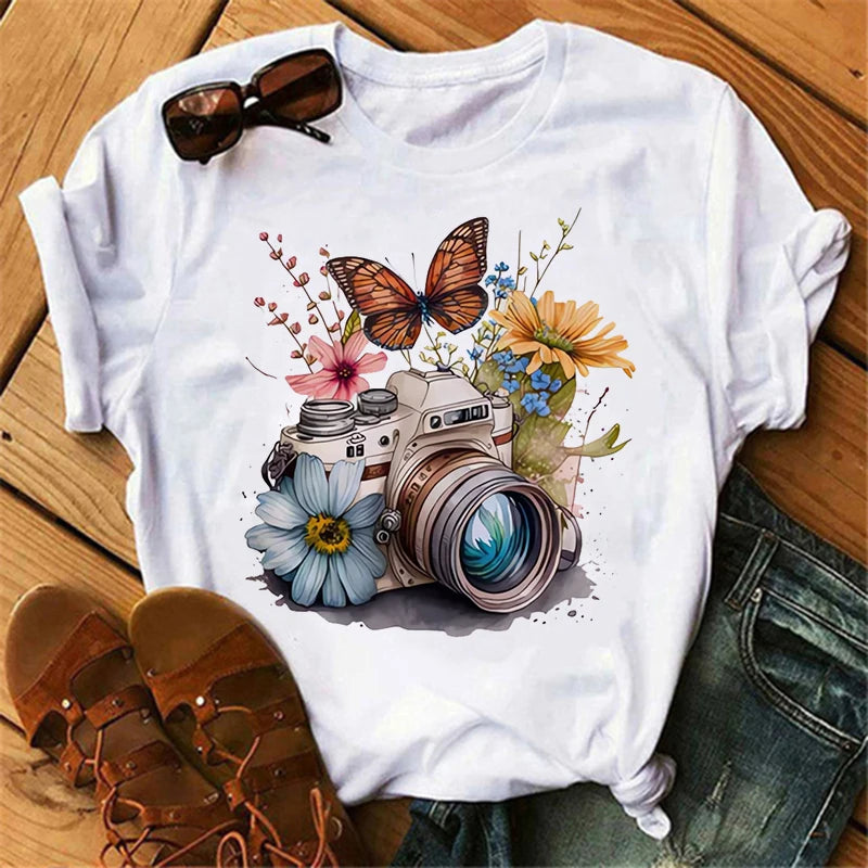 Women's Butterfly Tree Print Harajuku T-Shirt Round Neck Top Short Sleeve Casual Summer Tee Shirt