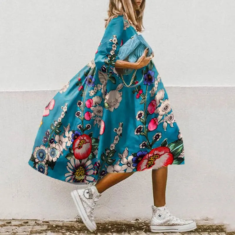 Women's New Summer Dress Round Neck Three-quarter Sleeve Fashion Printed Dress Bohemian Casual Loose Dress