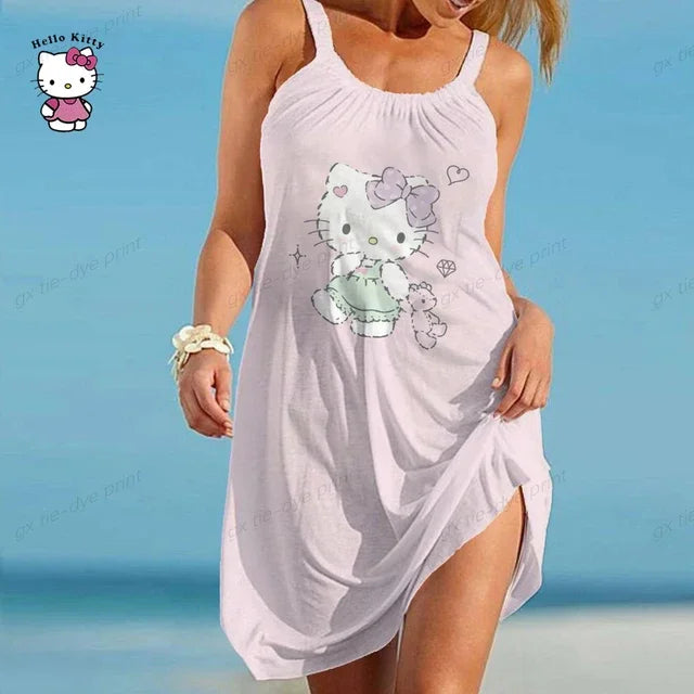 Hello Kitty Printed Vestidos Women Short Sleeves O Neck Midi Dresses A Line Bohemian Summer White Elegant Beach Dress