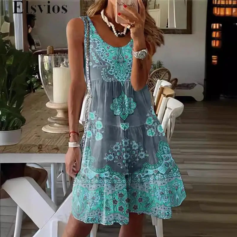 Bohemian Retro Sleeveless Tank Mini Dress 2024 Summer Loose Ruffle Vacation Dress Women O-neck Pattern Print A-line Short Dress