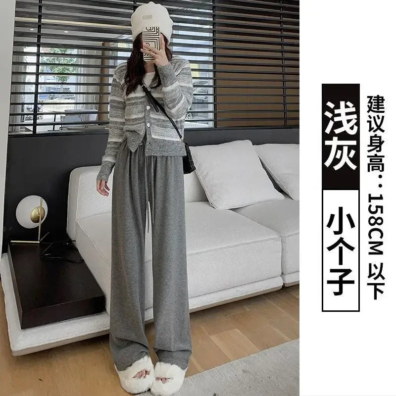 Knitted Pants Women Solid High-waisted Casual Trousers Wide Leg Loose All-match Daily Tender Simple Autumn Spring Lace-up Chic