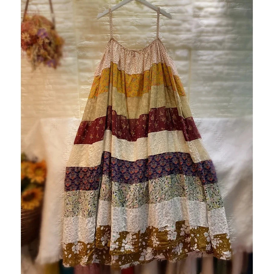 Summer Vacation Beach Cotton Linen Spaghetti Strap Patchwork Long Midi Dress Vintage Retro Chic Ibiza Gypsy Hippie Bali Dress