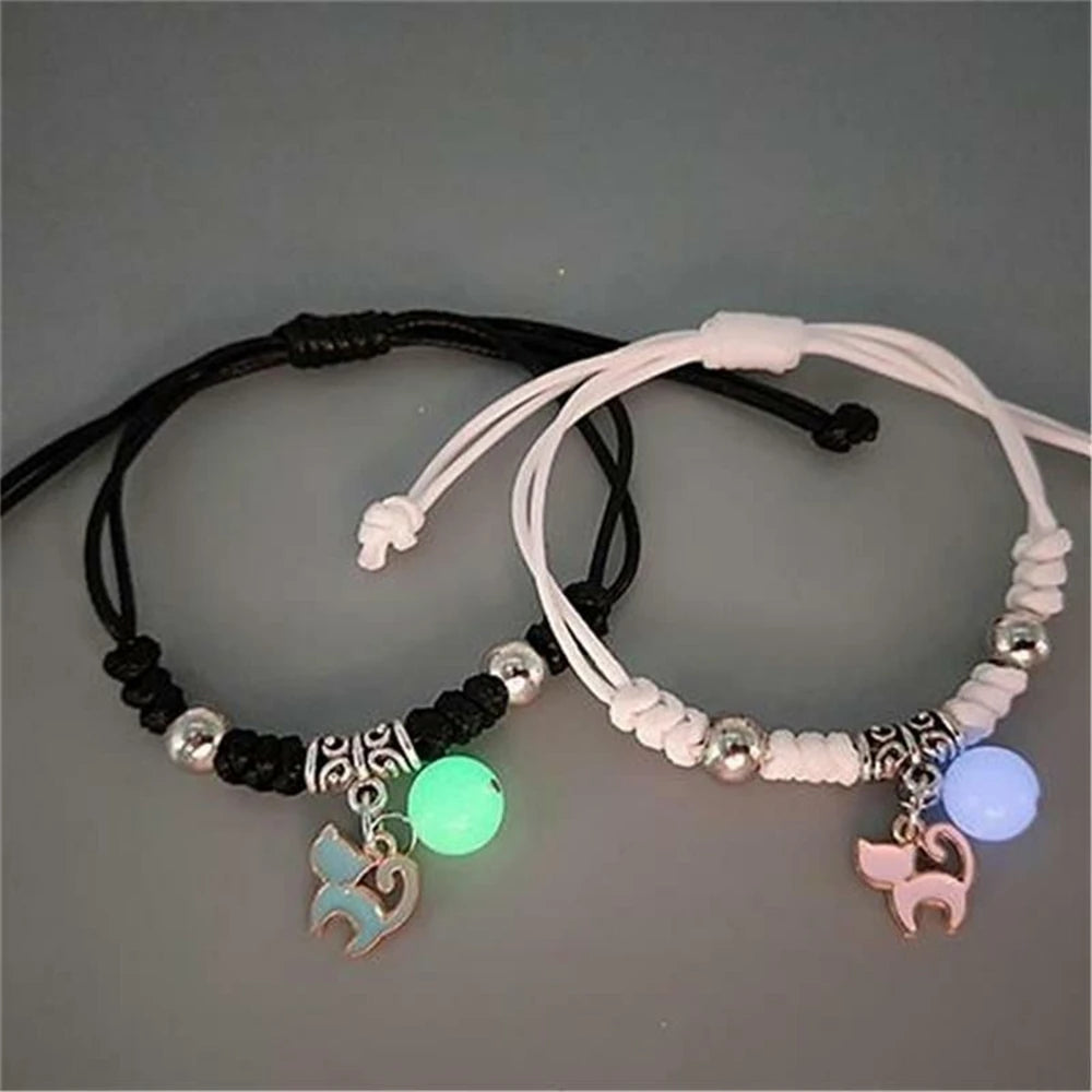 2pcs Luminous Cat Star Moon Cross Charms Bracelet Set Couple Adjustable Woven Rope Friendship Bracelet For Women Men Summer Gift