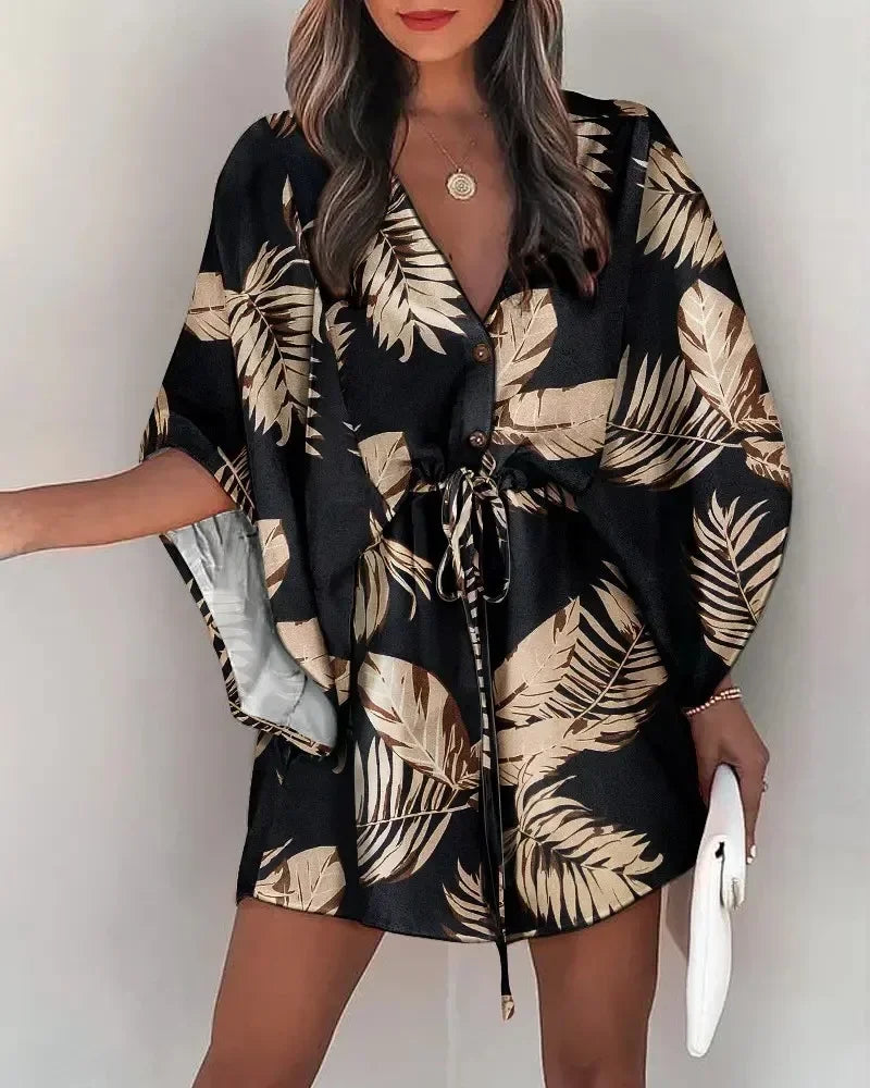 Women Summer Clothing Flying Sleeves V-neck Lace Up Floral Printed Beachwear Waisted Button Up Loose Geometric Dresses 3xl