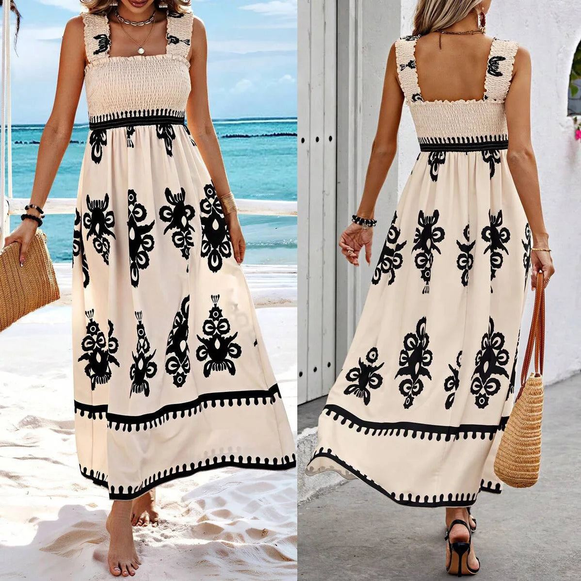 Bohemian Long Dress Summer Loose Holiday Dress Women Casual Sleeveless A-Line Party Long Dress Boho Casual Midi Dress Vestidos