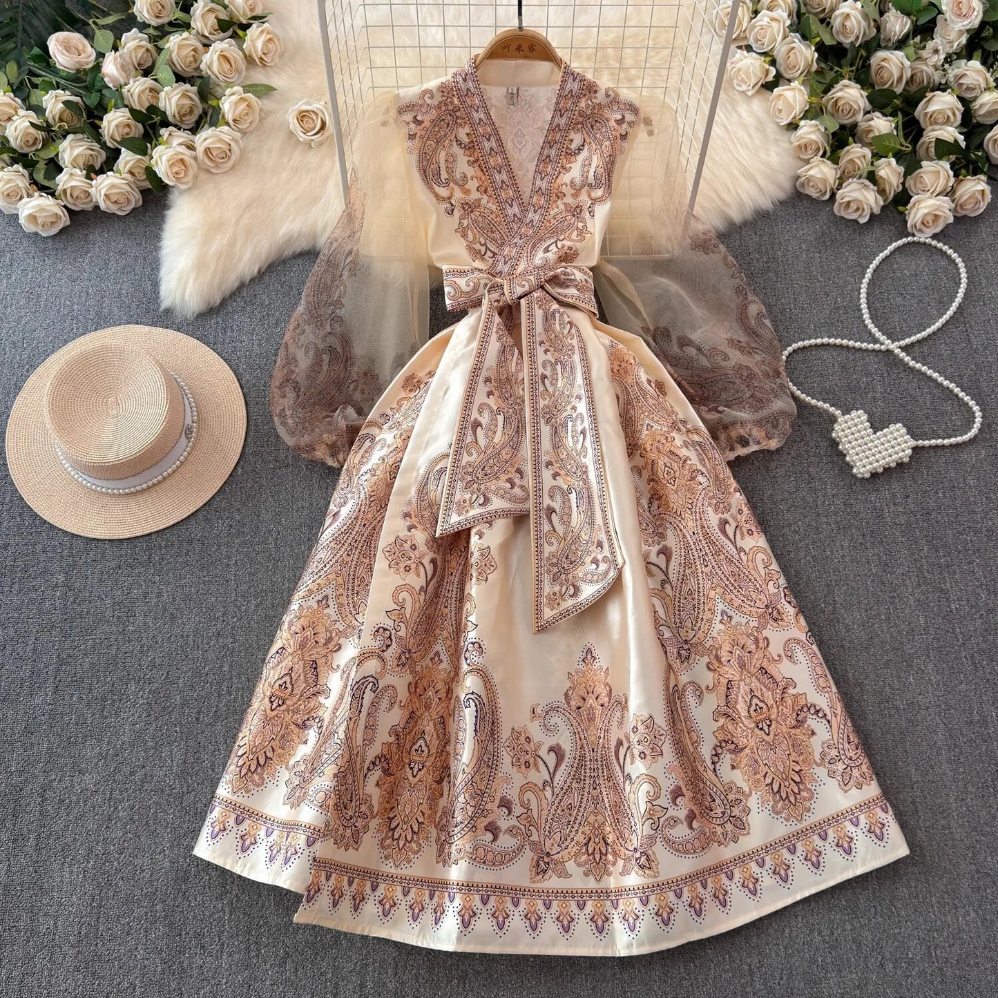 JAMERARY Floral Long Dresses Women Summer Bohemian Short Puff Sleeve Cross V Neck Flower Print Bandage Lace Up Robe Long Vestido