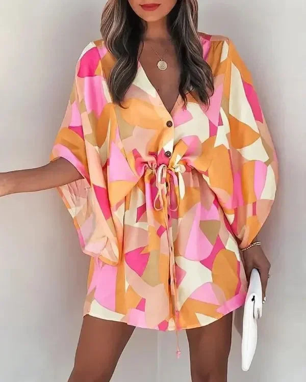 Women Summer Clothing Flying Sleeves V-neck Lace Up Floral Printed Beachwear Waisted Button Up Loose Geometric Dresses 3xl