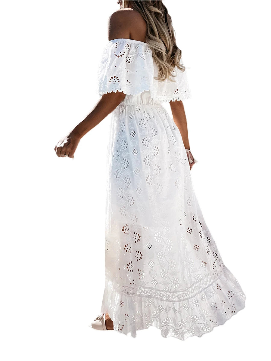 Women s Casual Dress Off Shoulder Short Sleeve Middle Waist Lace Embroidered Solid Color Irregular Dresses