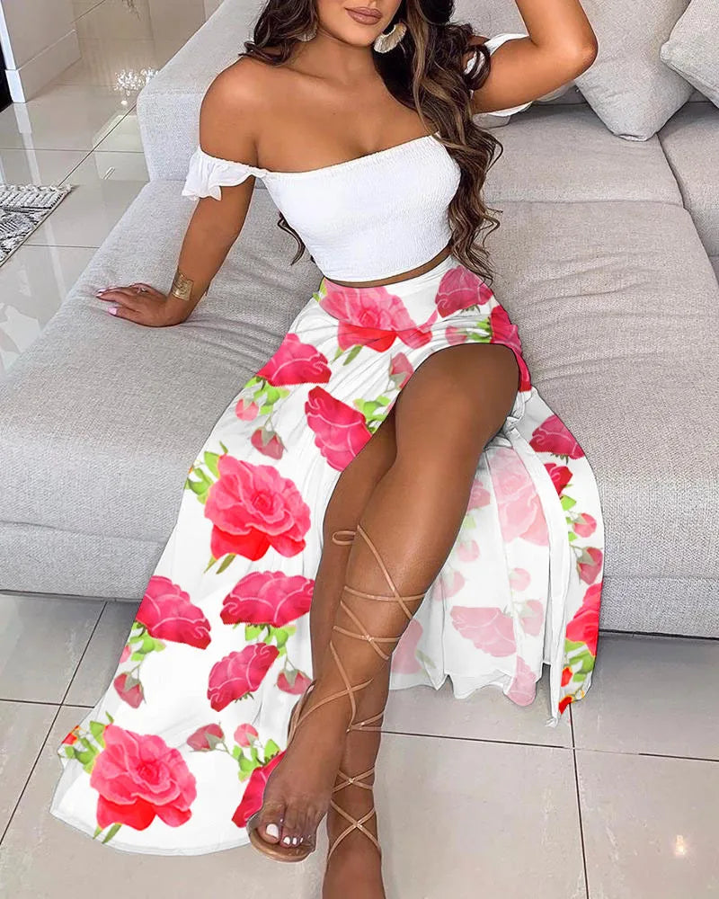 2024 Women's Summer New Fashionable and Beautiful Bohemian High Waist Printed One Line Neck Bra Strap Open Navel Set Dress