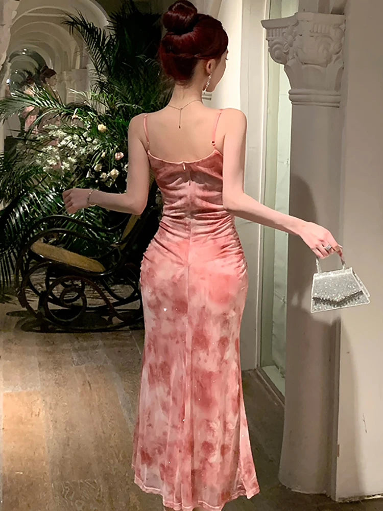 Women Pink Print Mesh Chic Diamonds Luxury Long Dress Summer Elegant Casual Sling Dress 2024 Boho Fashion Bodycon Holiday Dress