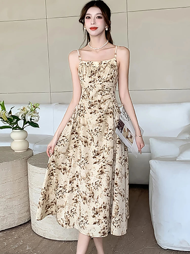 2024 Boho Floral Elegant Sling Long Dress Gown Women Korean Fashion Bandage Bodycon Dress Summer Vintage Elegant Festival Dress