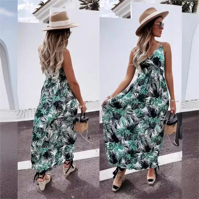 202 Spring/Summer New Printed Bohemian Long Dress V-neck Sleeveless Strap Dress for Women