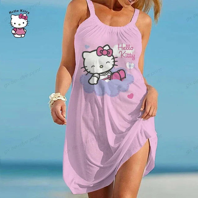 Hello Kitty Printed Vestidos Women Short Sleeves O Neck Midi Dresses A Line Bohemian Summer White Elegant Beach Dress