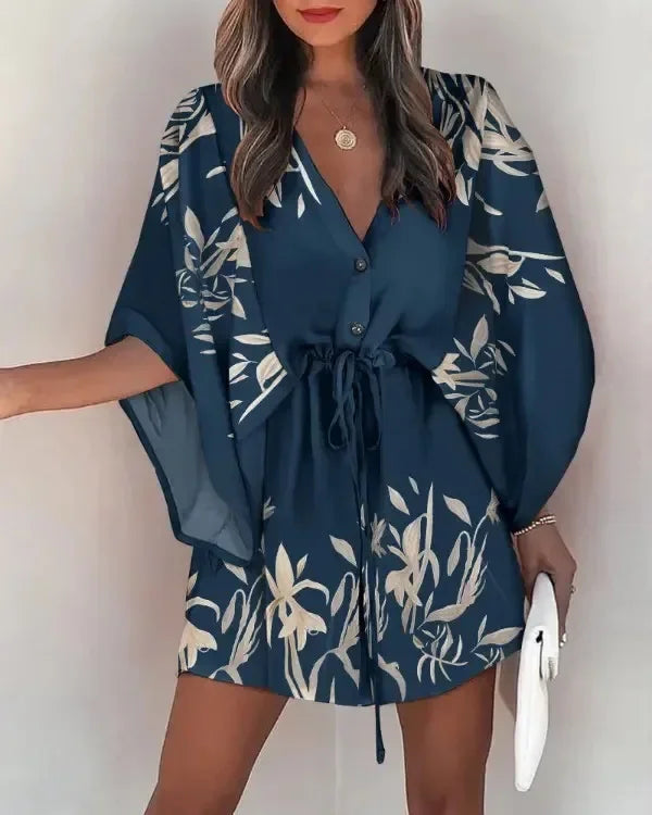 Women Summer Clothing Flying Sleeves V-neck Lace Up Floral Printed Beachwear Waisted Button Up Loose Geometric Dresses 3xl