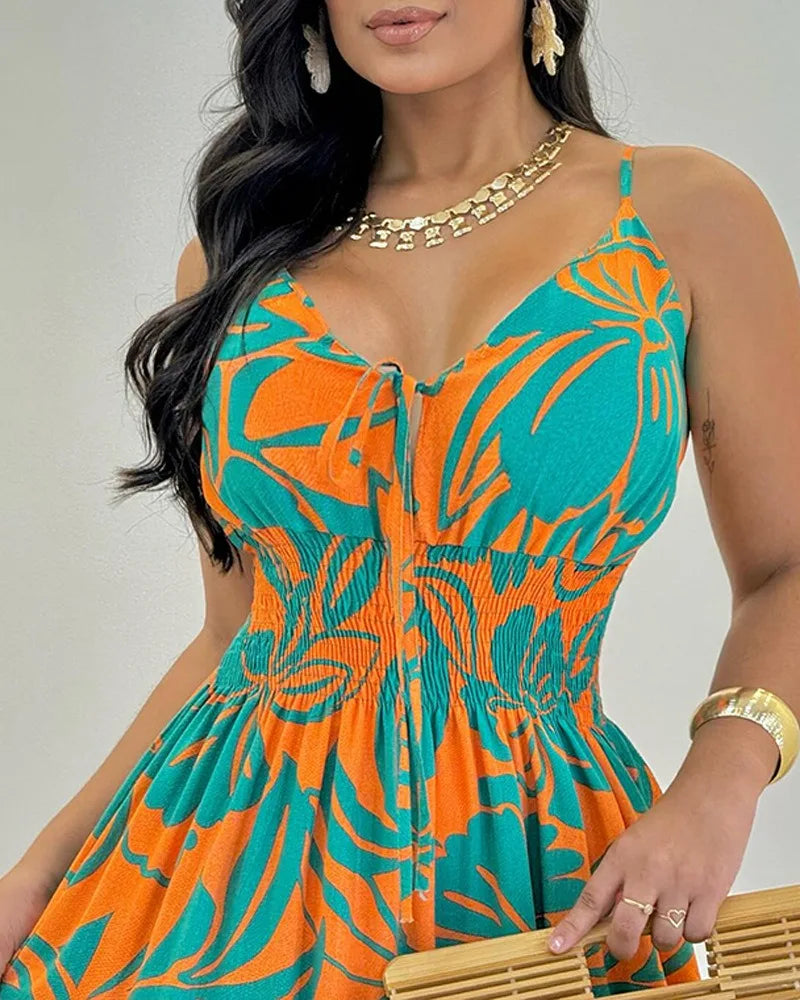 Summer Women Fashion Tropical Print Tied Detail Shirred Plastic Waist Maxi Dress