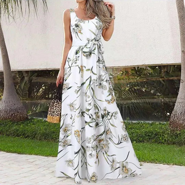 2024 Women's Summer Sleeveless Print Long Dresses Bohemian Slim Lace Up Big Hem Pleated Dress Vintage Vacation Maxi Dress Femme