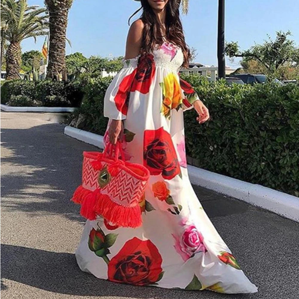 Hot Holiday Boho Women Off Shoulder Backless Flare Sleeve Floral Print Maxi Dress party Out of the ordinary Dress платье