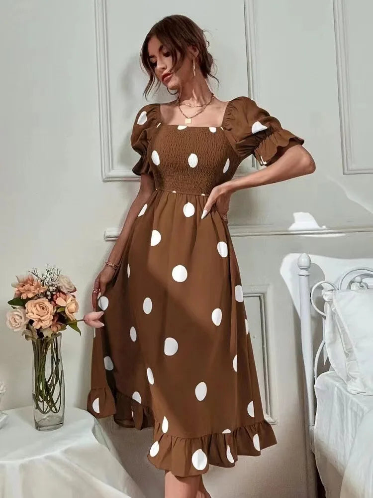 Bohemian Mid-Calf Dress Fashion Polka Dot Print Short Sleeve Dresses Summer Women Square Collar Beach Dress 2024 Spring New