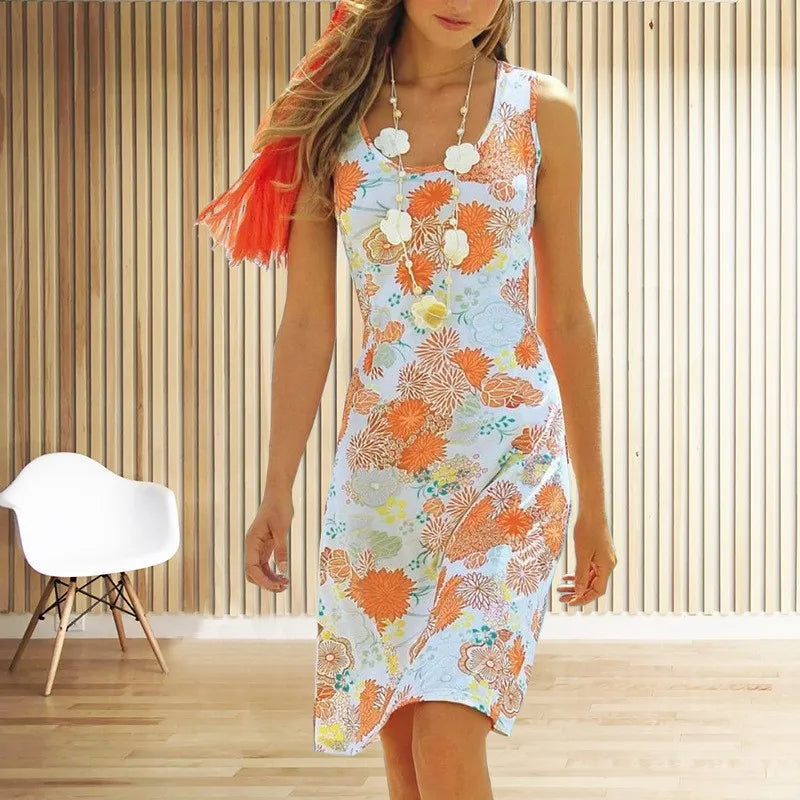 European and American cross-border new Amazon 2024 floral print U-neck sleeveless beach resort mid length dress for women