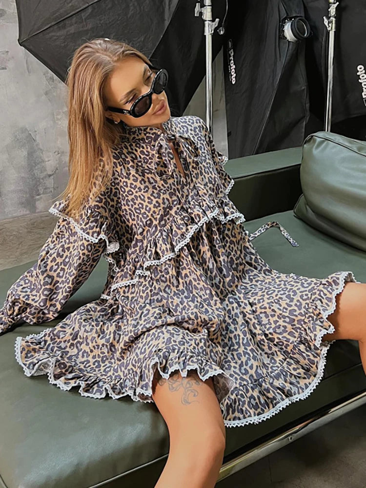 Print Mini Dress Women Retro Print Dress Female Stand Collar Lace Up Long Sleeve Dress Ladies Elegant Ruffle Dress Summer