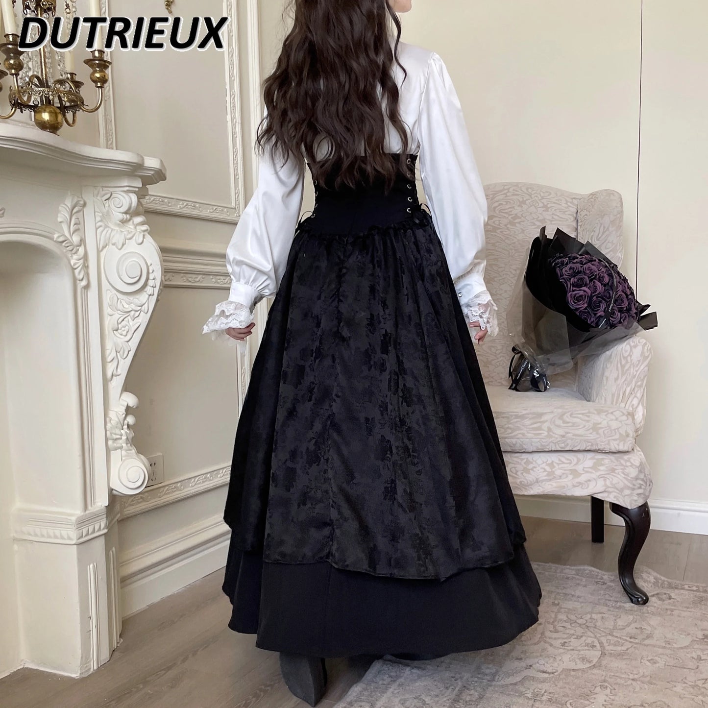 Gothic Lolita Sweet Lace-Up A-line Skirt Women's Autumn Winter Black High Waist Long Skirts and White Long Sleeve Shirt