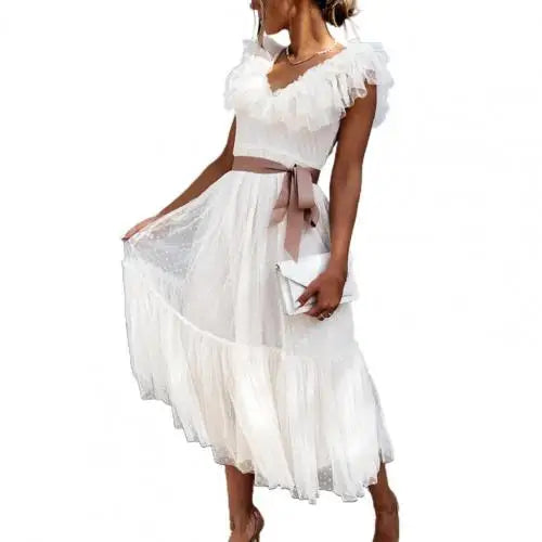 2023 Summer Formal Dress Women V Neck Pleated Short Sleeve Belt Large Hem Dress for Banquet party Dress Street wear