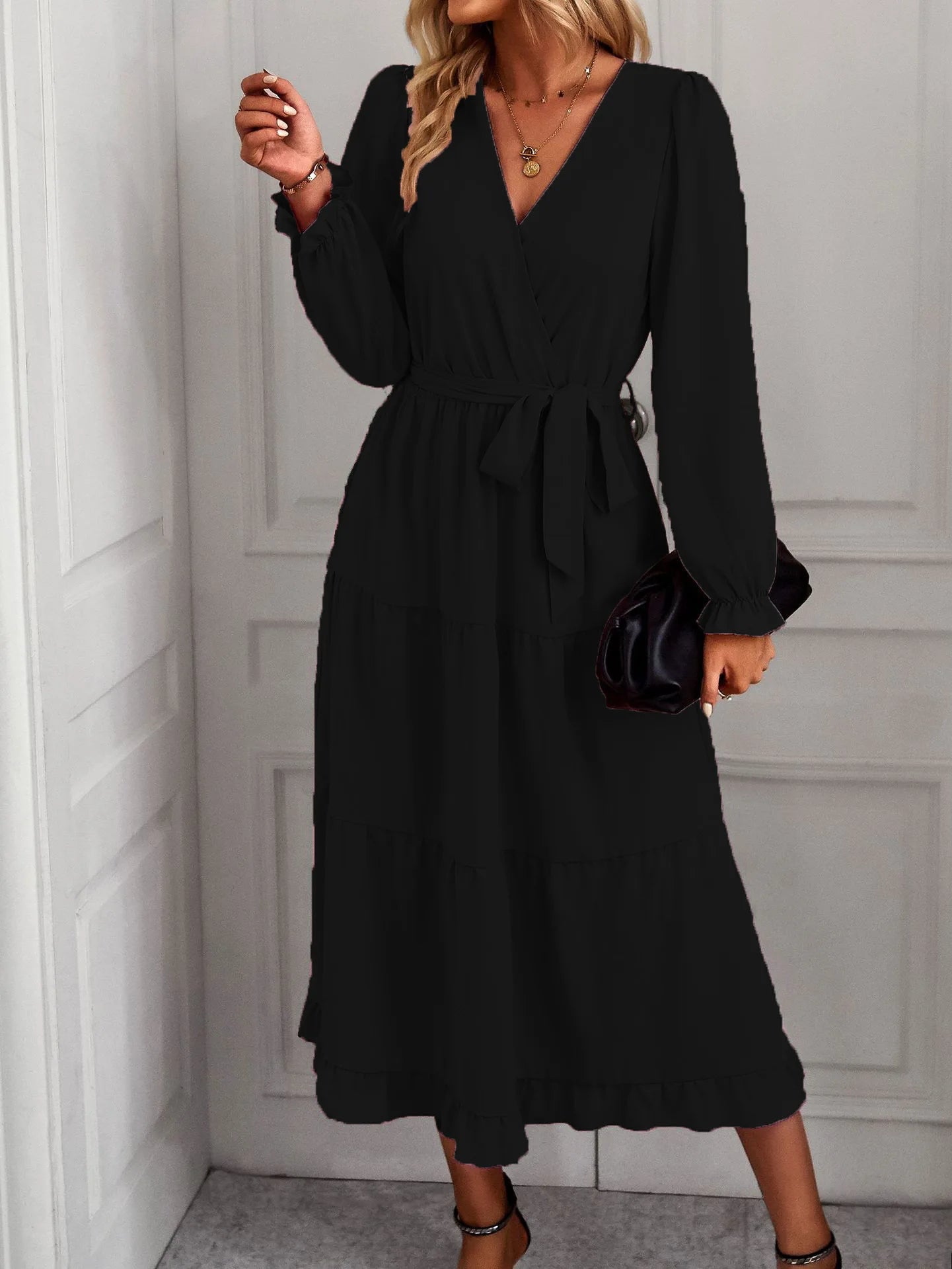 Elegant Women Pink Autumn Long Dresses V Neck Long Sleeve Ruffles Hem Lace Up Wine Red Party Evening Maxi Dress Vestidos Robes